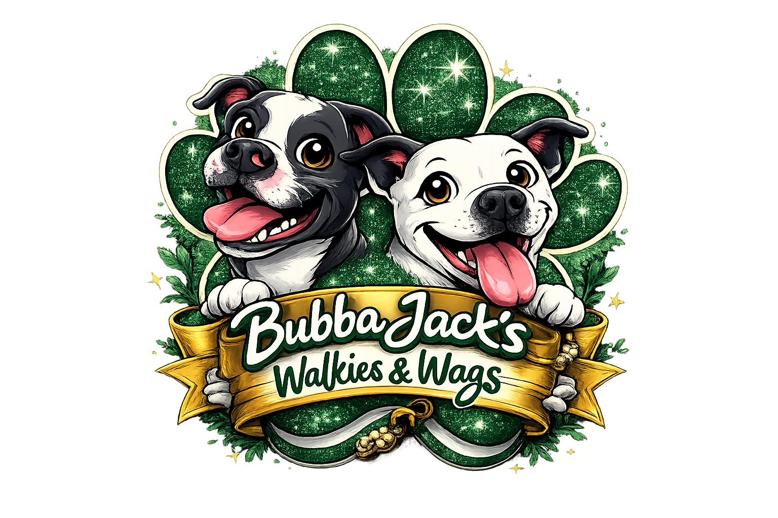 Bubba Jack's Walkies and Wags logo featuring two happy dogs with a green sparkle paw print