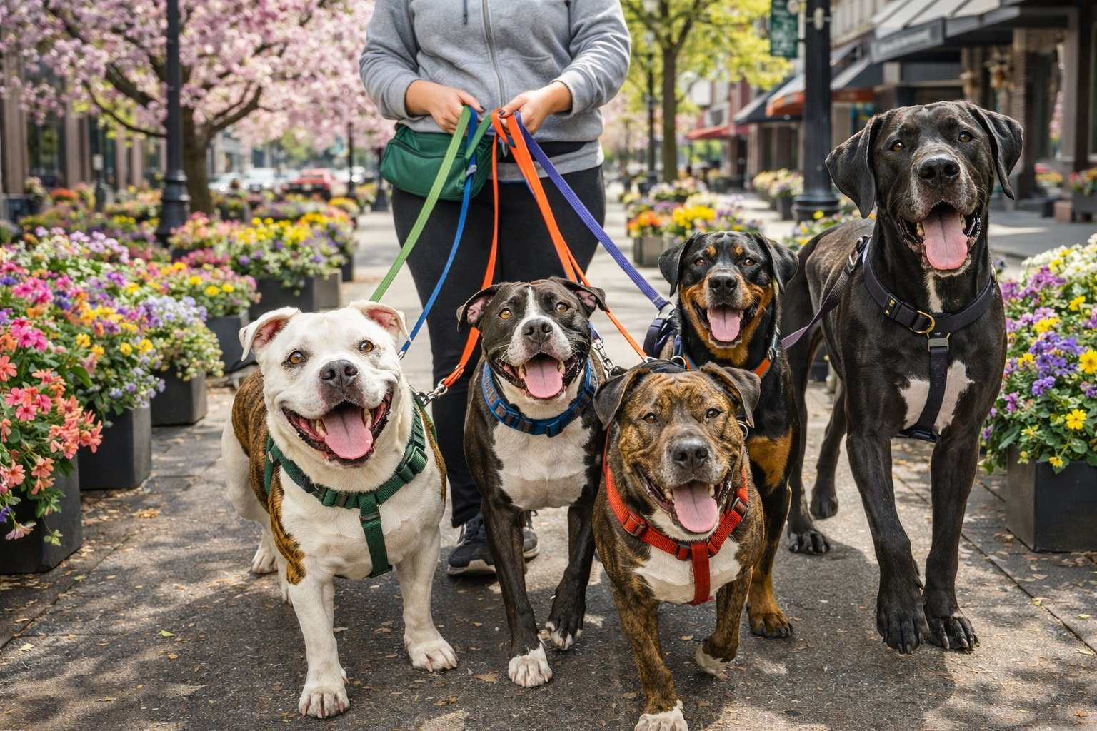 Natalie walking five happy dogs on a beautiful day in downtown Tacoma